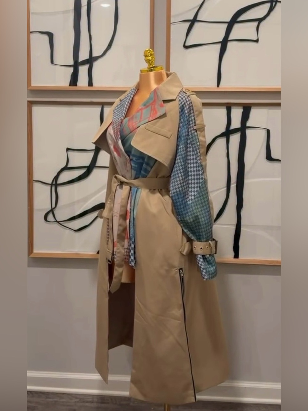 Beige Trench Coat with Blue Patterned Sleeve